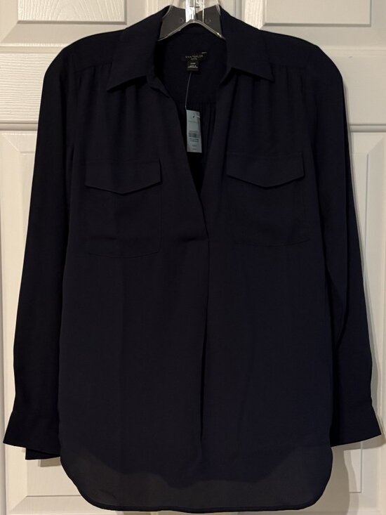 Ann Taylor Tops - Ann Taylor Navy Blue NWT Silky long Sleeve Blouse Women Size XXS Petite Casual
